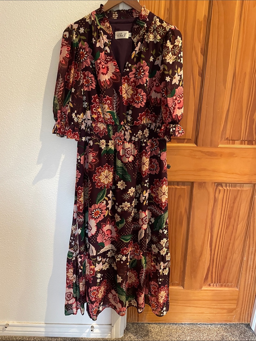Eliza J Burgundy Floral Maxi Dress with Pink and Green Accents